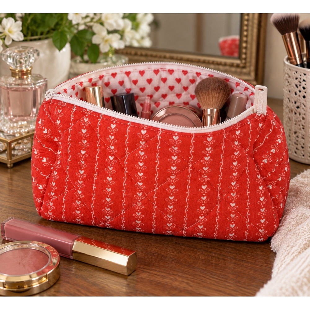 Handmade Quilted Vintage Heart Makeup Bag Red White Cosmetic Pouch Zippered